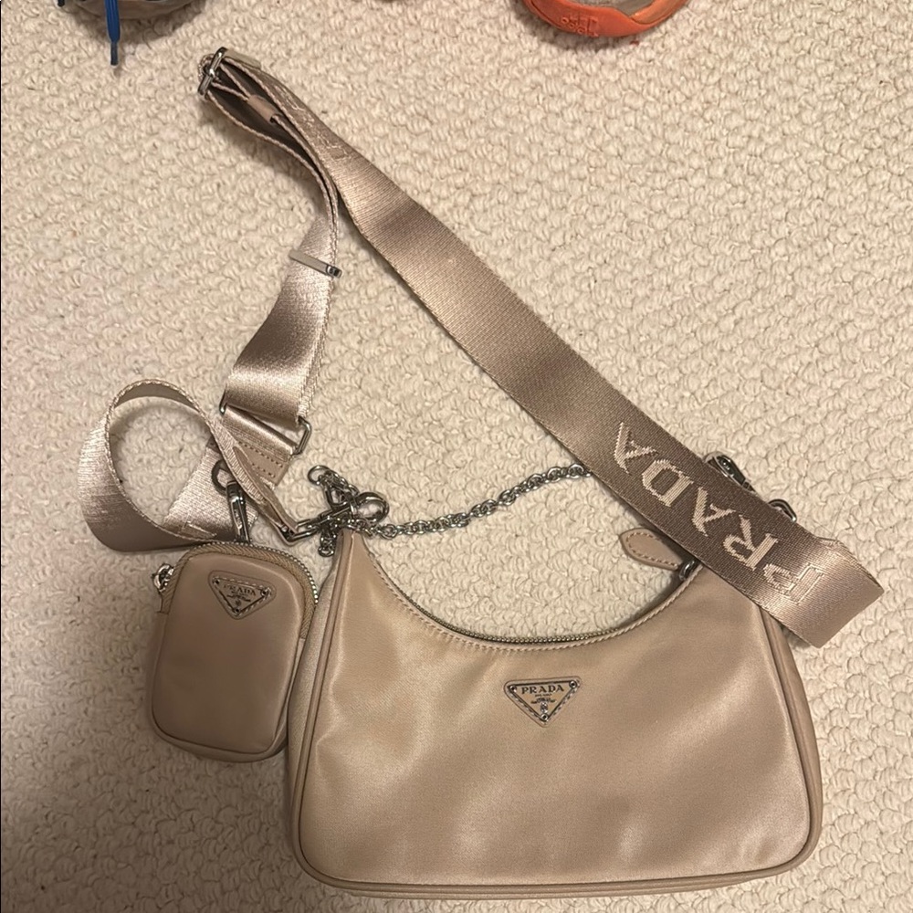 Prada Tan Shoulder Bag with Signature Nylon and Adjustable Strap